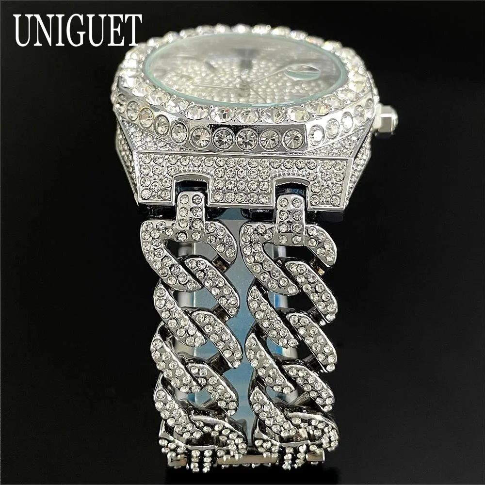 Orologio da ghiaccio alla moda per uomo, marca UNIGUET, orologio da polso al quarzo di lusso in acciaio inossidabile, orologio da uomo con catena cubana con diamanti Hip Hop