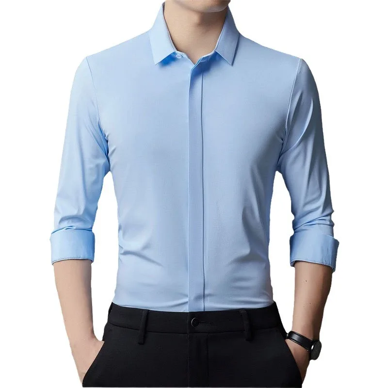 Autumn/Winter Spandex high stretch business casual solid color long sleeve men\'s shirt non-ironing anti-wrinkle silky smooth