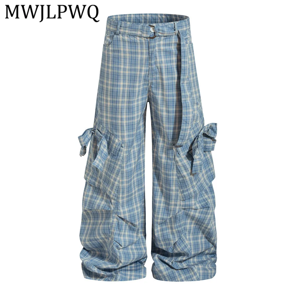 

MWJLPWQ Bow-Tie Large Pocket Plaid Trousers For Men Hip-Hop Trendy Pleated Design Loose Wide-Leg Cargo Pants Spring Autumn 16051