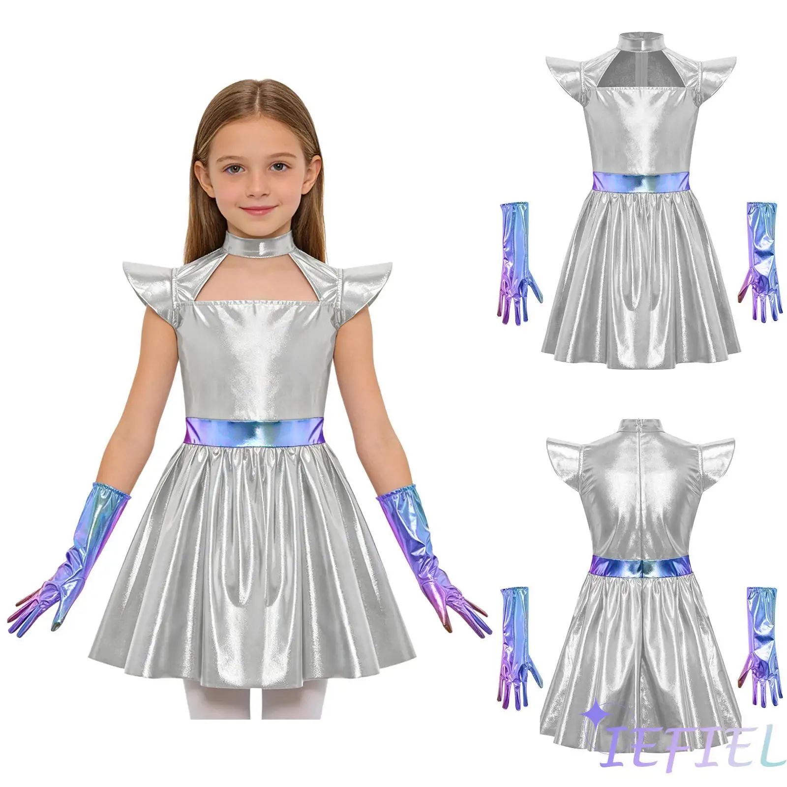 Kids Alien Astronauts Cosplay Costume Girls Ballet Dance Dress Flying Sleeve Ruffled Dress with Gloves Halloween Robot Outfit