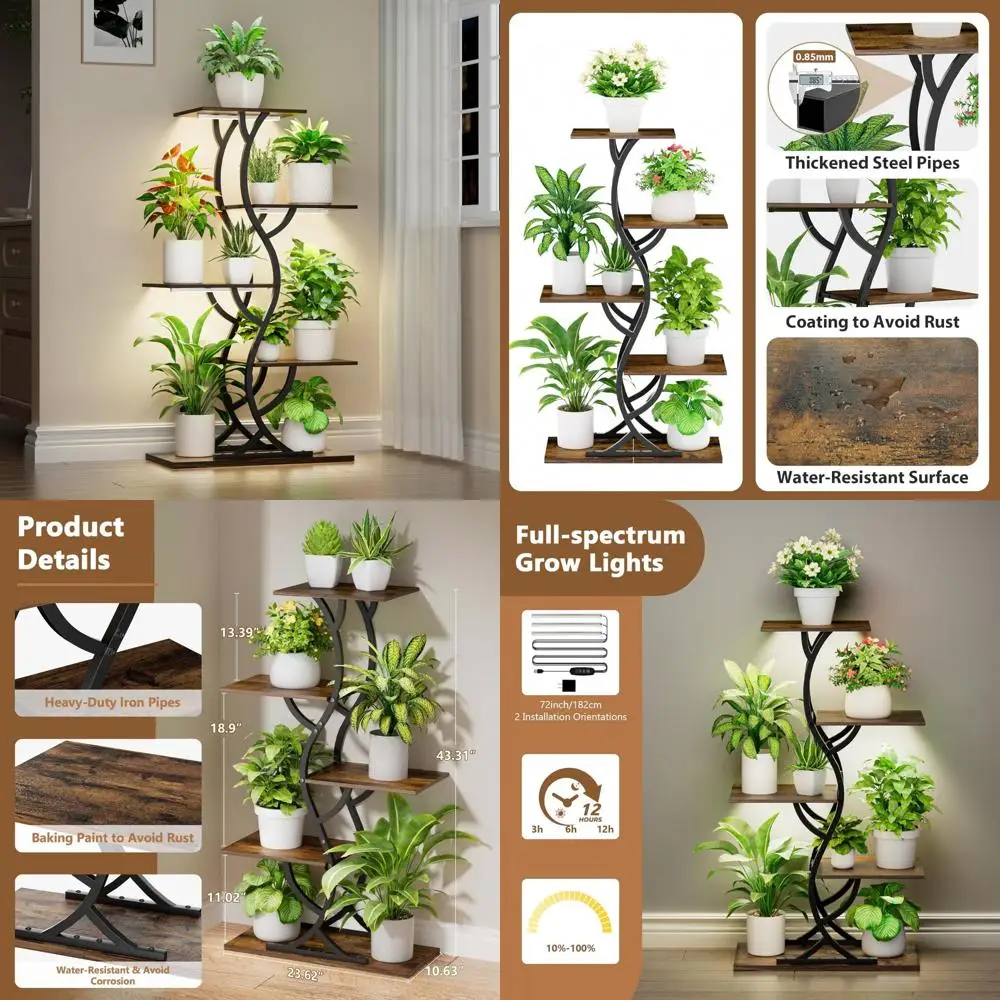 

5-уровневая металлическая подставка для растений в помещении с подсветкой для выращивания растений, высокая 44 угловая стойка для растений для домашнего декора сада