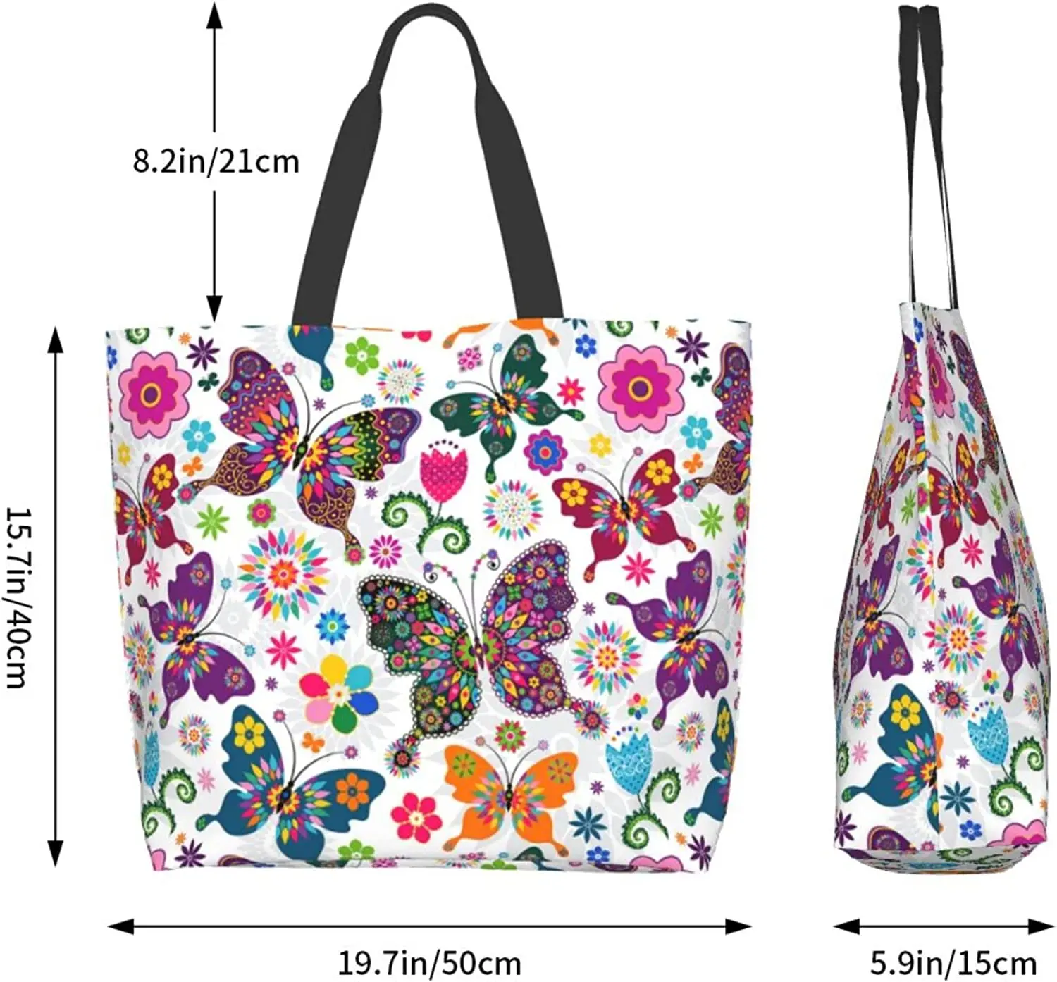 Butterfly Pattern Tote Bag Large Shoulder Bag Casual Reusable Handbag for Women Shopping Grocery Work