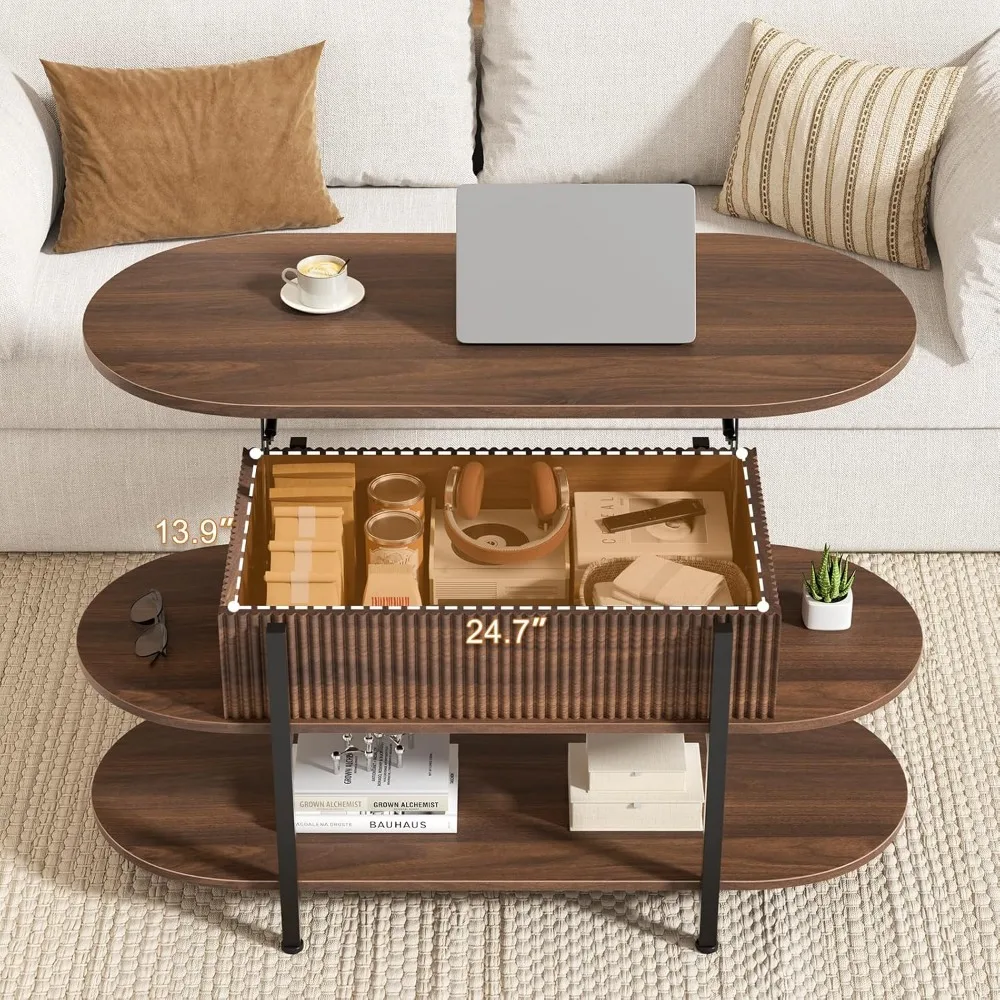 Modern Oval Coffee Table with Fluted Wood Center and 3-Tier Storage, Curved Edge Design