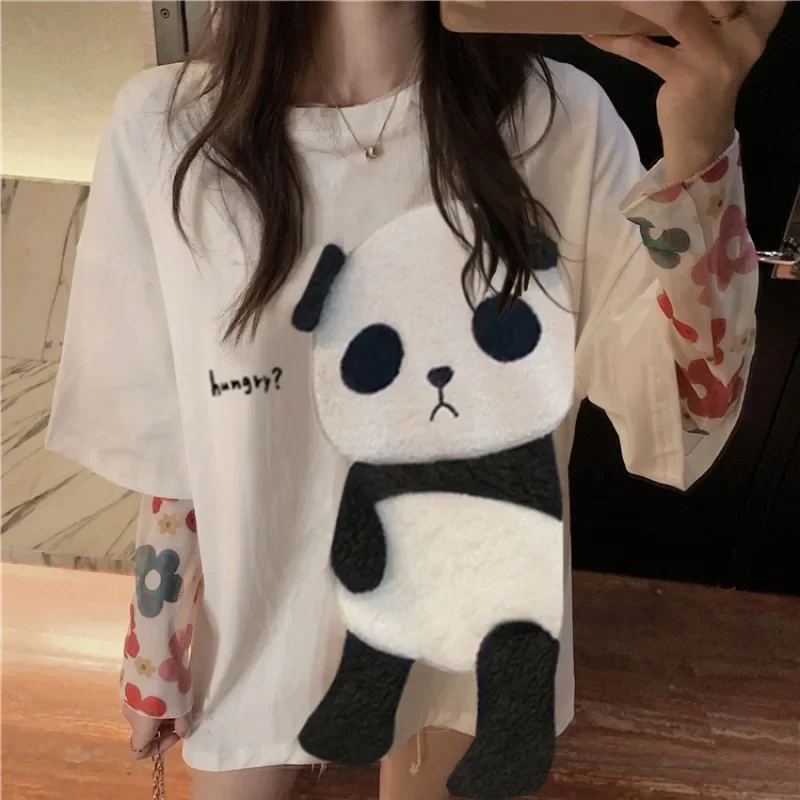 New Women Panda Embroidery T-shirts O Neck Short Sleeve Loose Casual Tops Spring Summer Mid-Length Tees Fashion Simple T-shirts