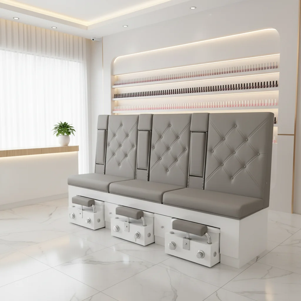 Space Saving Three Person Foot Bath, Nail Art Sofa, Solid Wood With Surfing Lights, Adjustable Sliding Nail Repair And Spa Chair