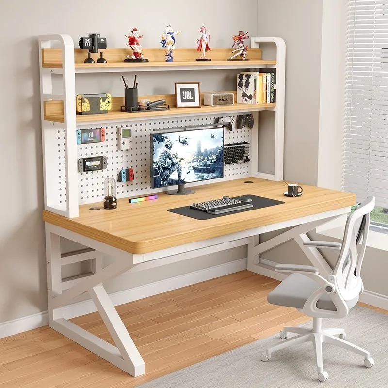 Solid wood computer desk, hole board, desk bookshelf, integrated desktop desk, double long table