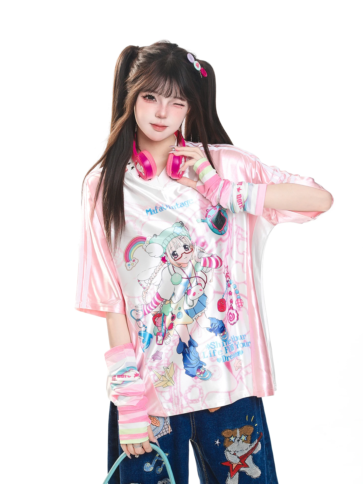 Cute Cartoon Anime Print Short Sleeve T-Shirt Women's Summer Casual Oversize Versatile Youthful Top Flip Collar Other Material
