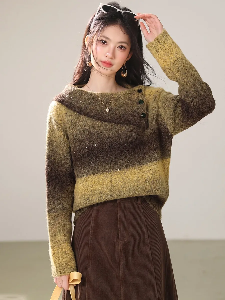Loose Long Sleeve Knitted Sweater Women's Shoulder Bared Autumn Winter Soft Comfortable Casual Style Overhead Top