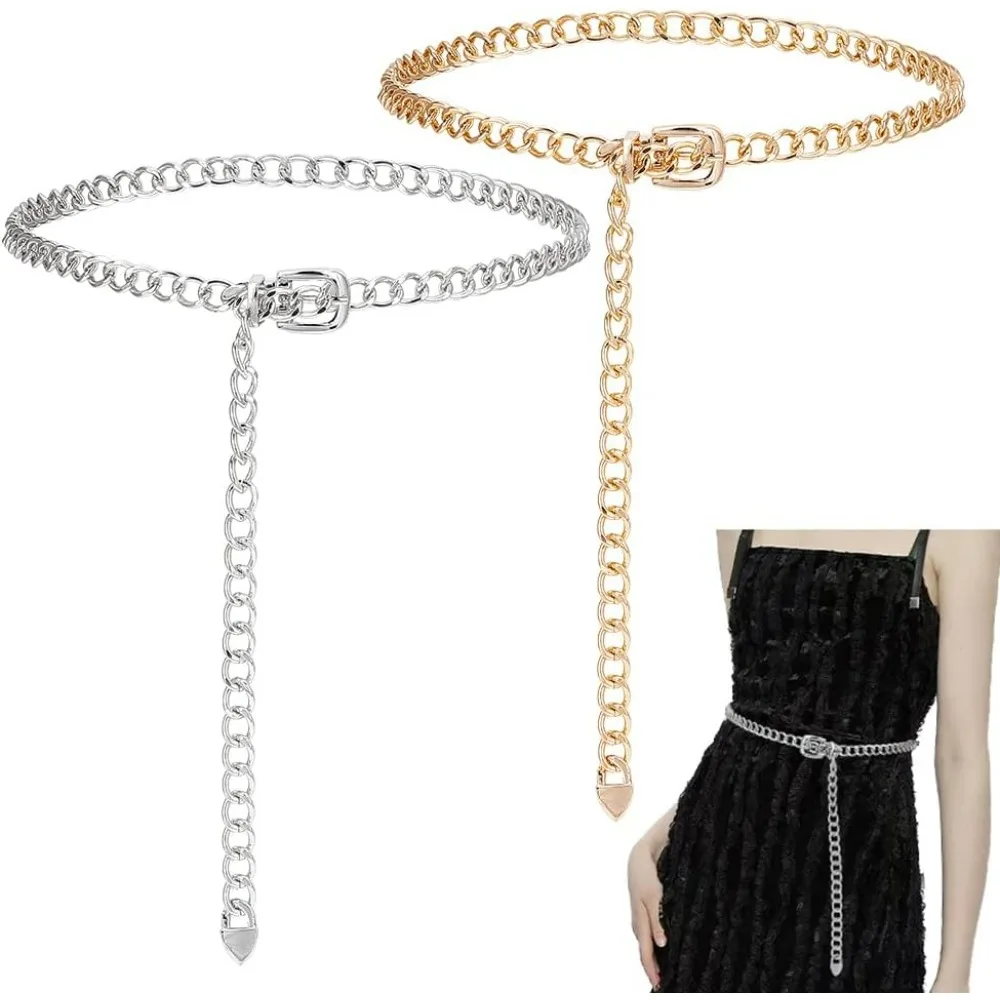 2Pcs Metal Waist Chain Belt Chunky Waist Belts Gold and Silver Belt Body Adjustable Boho Belly Belly