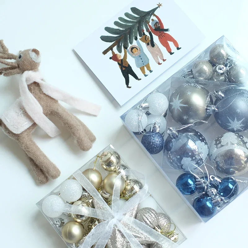 Shiny 3cm 6CM Christmas Ball Pendant Gift Box Set Champagne Gold Blue Desktop  Tree Decoration