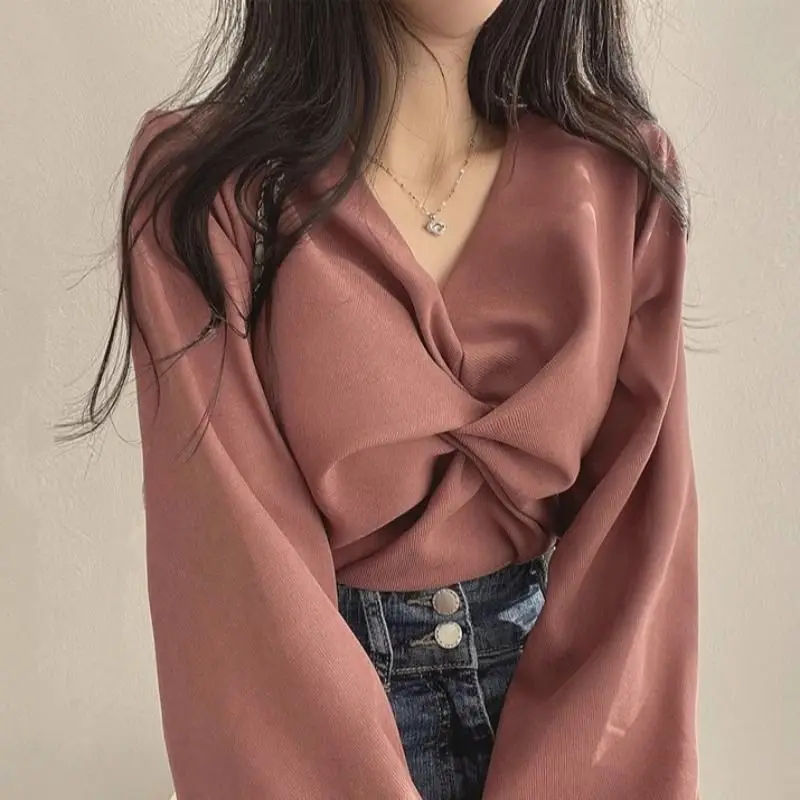 Blouses Women Solid Folds Special Charming Korean Style Basics Leisure Vintage Minimalist Prevalent All-match Autumn Creativity