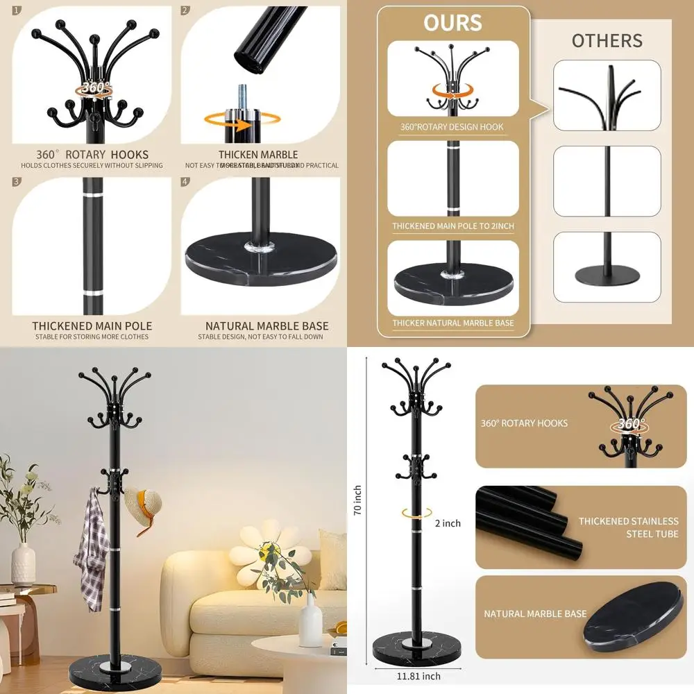 

Стильная сверхпрочная вешалка для одежды с мраморным основанием, 360° ° Вращающиеся, 16 крючков для прихожей или офиса