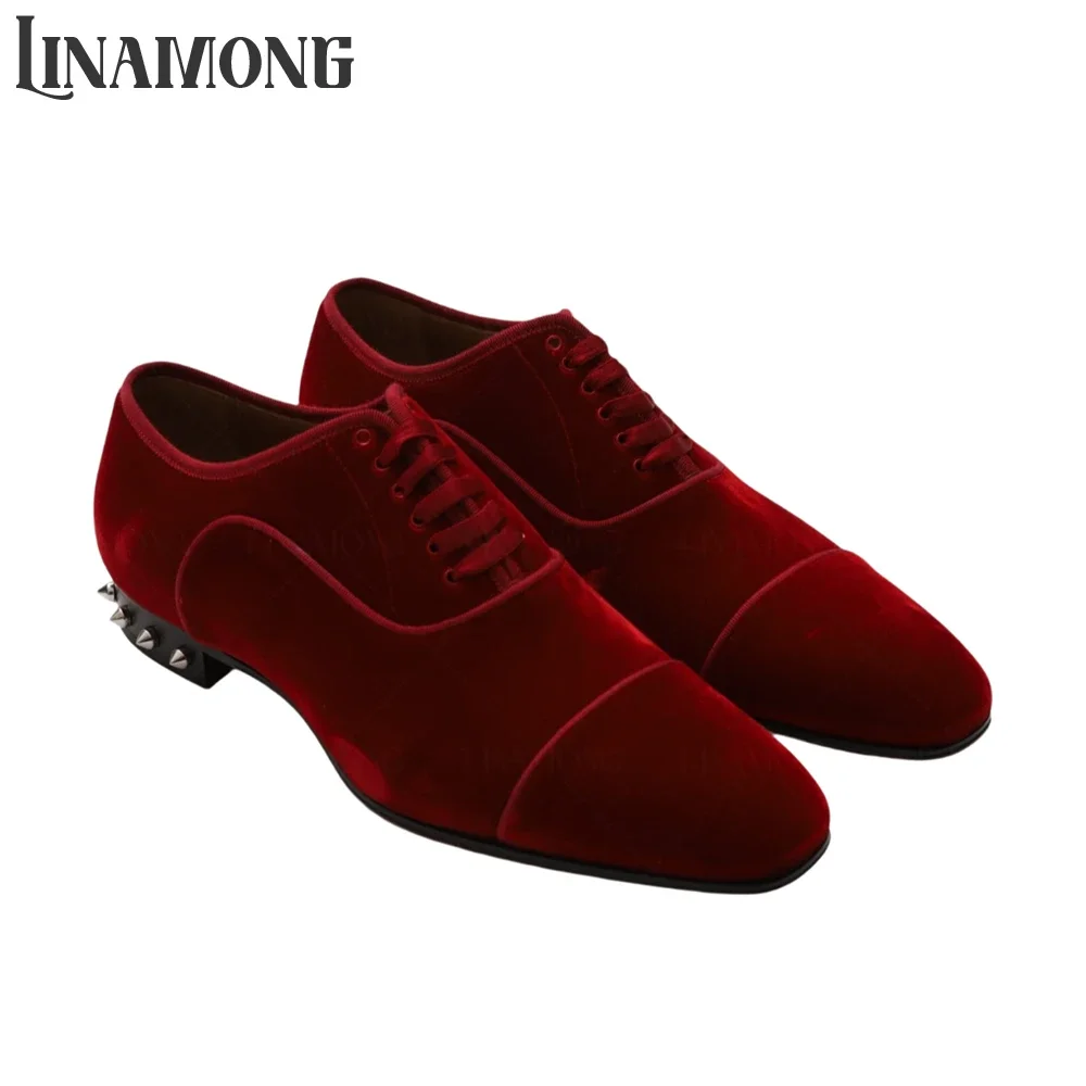 

Cap Toe Spike Heel Dress Shoes Red Velvet Lace-Up Dress Shoes Designer Style Fashion Banquet Leather Shoes Men's Handmade Shoes