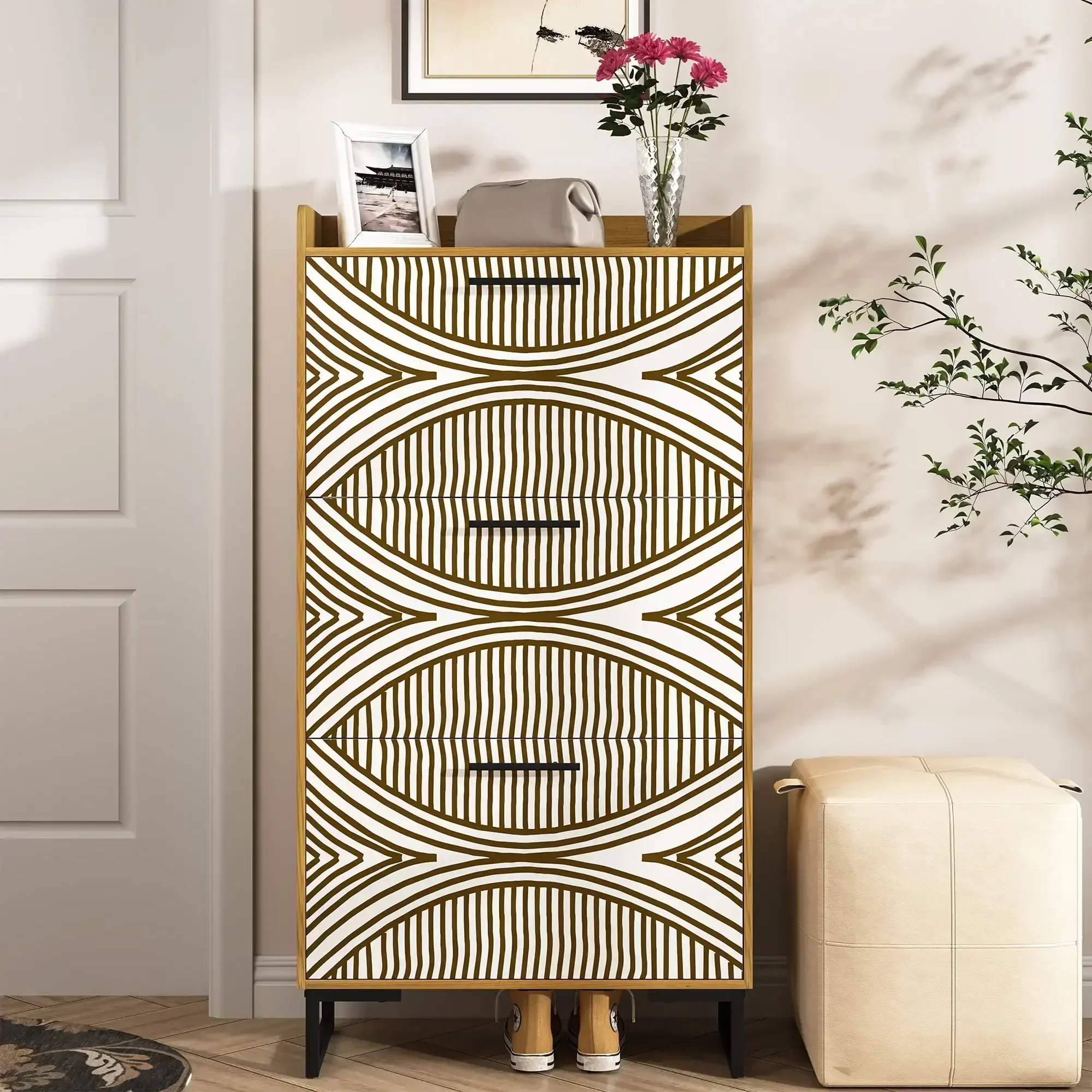 

3 Tiers Flip Shoe Storage Cabinet with PVC painted, Modern Wood Shoe Rack Storage Organizer for Home, Brown