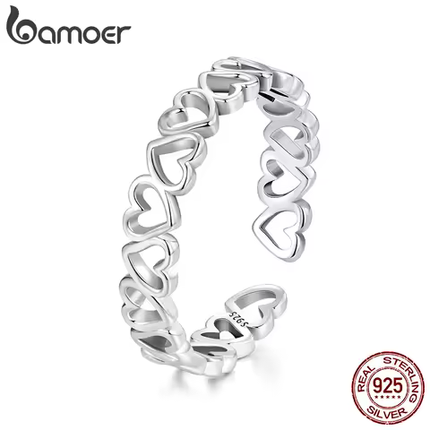 BAMOER Solid 925 Sterling Silver Heart Stackable Rings for Women, Love Valentines Statement Band Ring BSR654-E