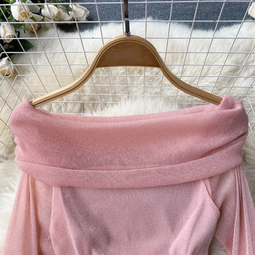 Sexy Off Shoulder Bodycon Mini Dress Women Fashion Spring Slash Neck Long Sleeve Shinny Mesh Drawstring Ruched Club Party Dress