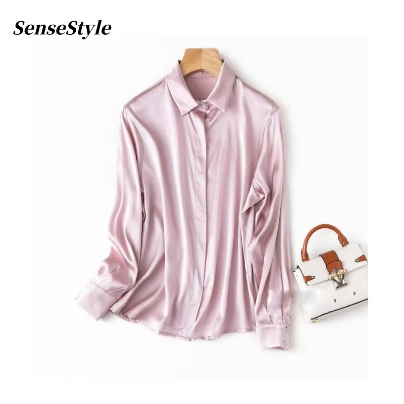 

Women 93% Real Silk Long Sleeve Shirts Turn Down Collar Straight Loose Single Breasted Office Lady Tops