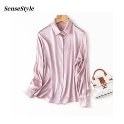 Women 93% Real Silk Long Sleeve Shirts Turn Down Collar Straight Loose Single Breasted Office Lady Tops