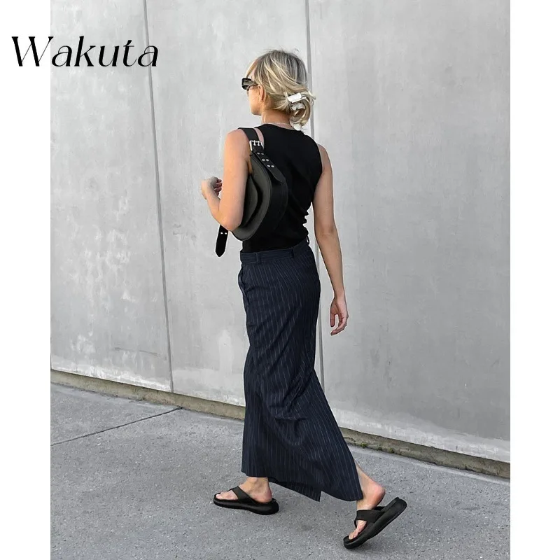 WAKUTA American Retro Slim High-waisted Striped Bustier Skirt Fall Fashion Classic Split Straight Bustier Long Skirt 니트 스커트