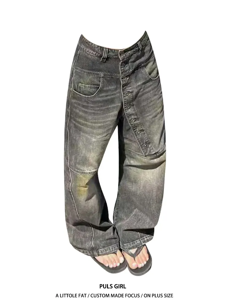 

Washed American Style Wide Leg Jeans High Waist Button Detail Casual High Waist Jeans for plus Size Women Spring 2026 Trendy