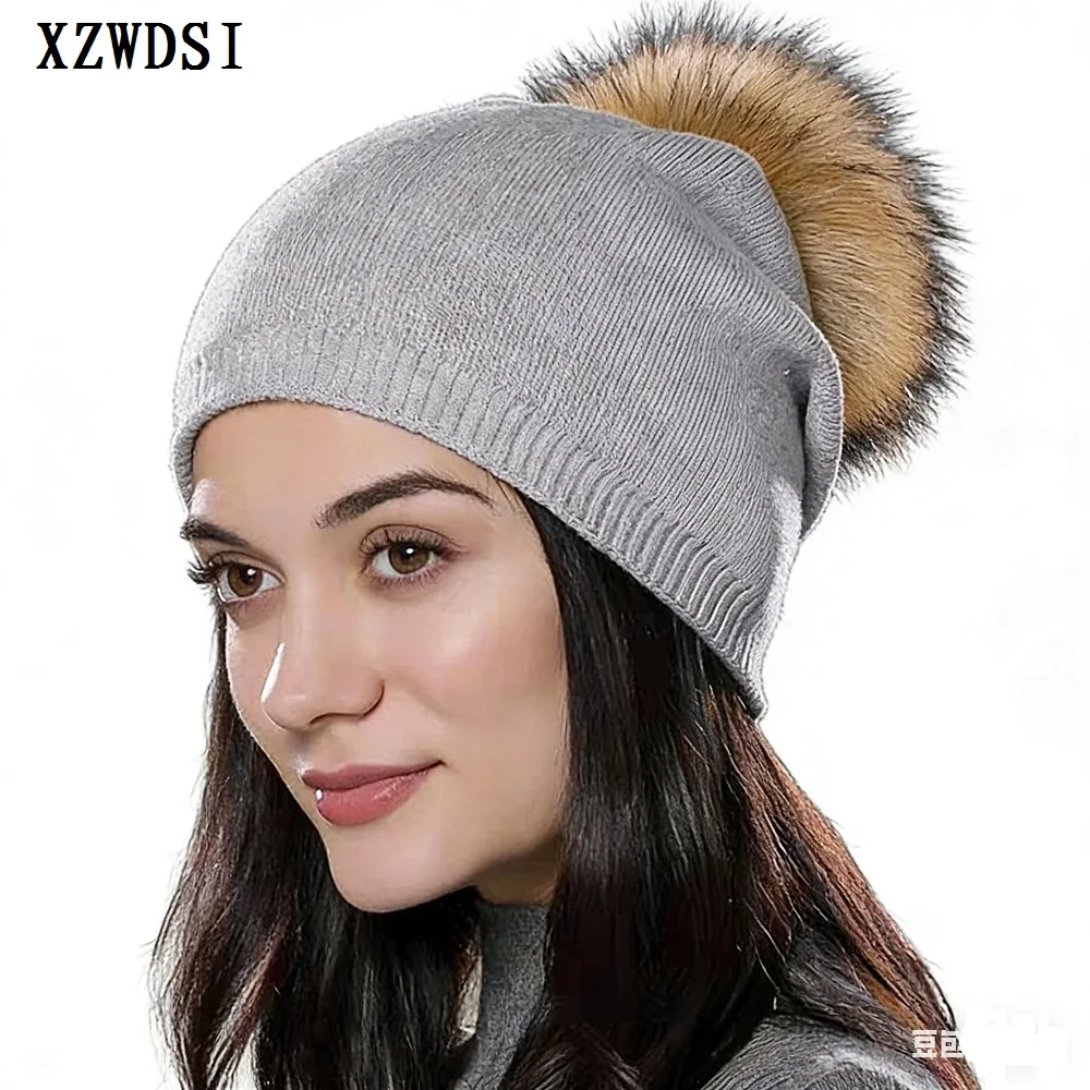 Classic Beanies Cap Women's Beanie Knit Hat with Removable Real Raccoon Fur Pompom
