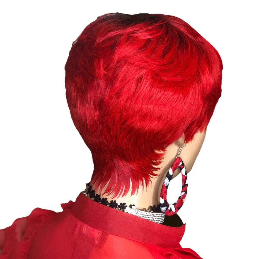Short Human Hair Wigs Pixie Cut Straight Red Color Brazilian Hair for Black Women Full Machine Made short hair wigs Cheap Wig