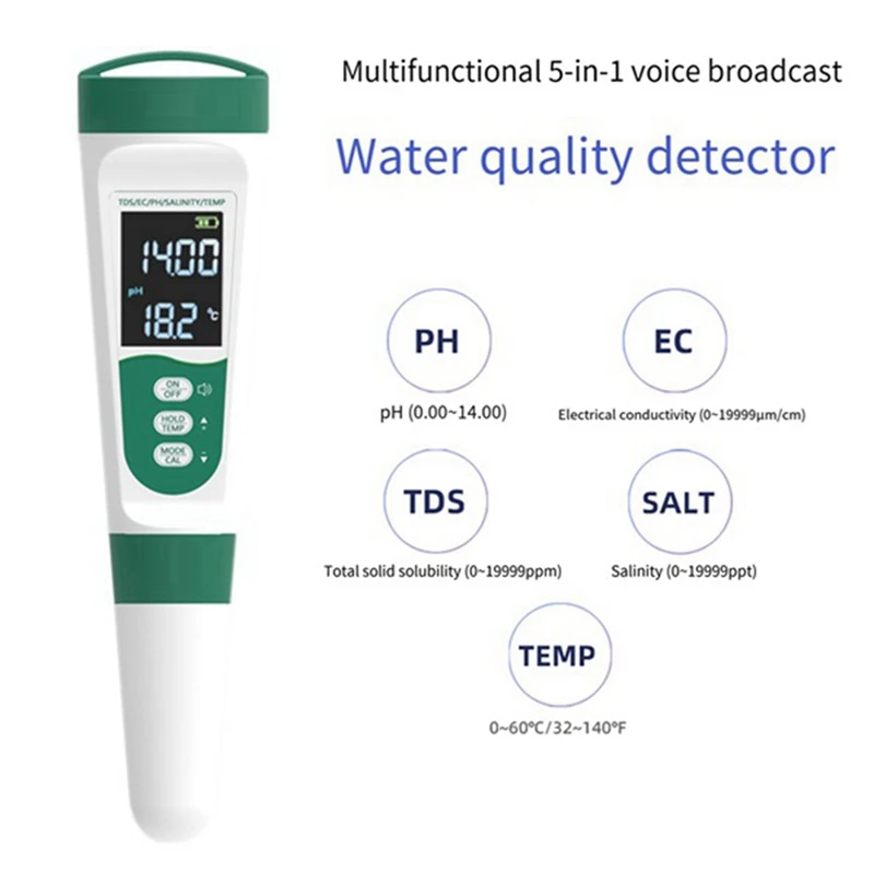 5-In-1 Water Quality Test Pen Voice Model EC Acidity Ph Meter Tds Salinity Meter Water Quality Tester Without PH Powder, Durable