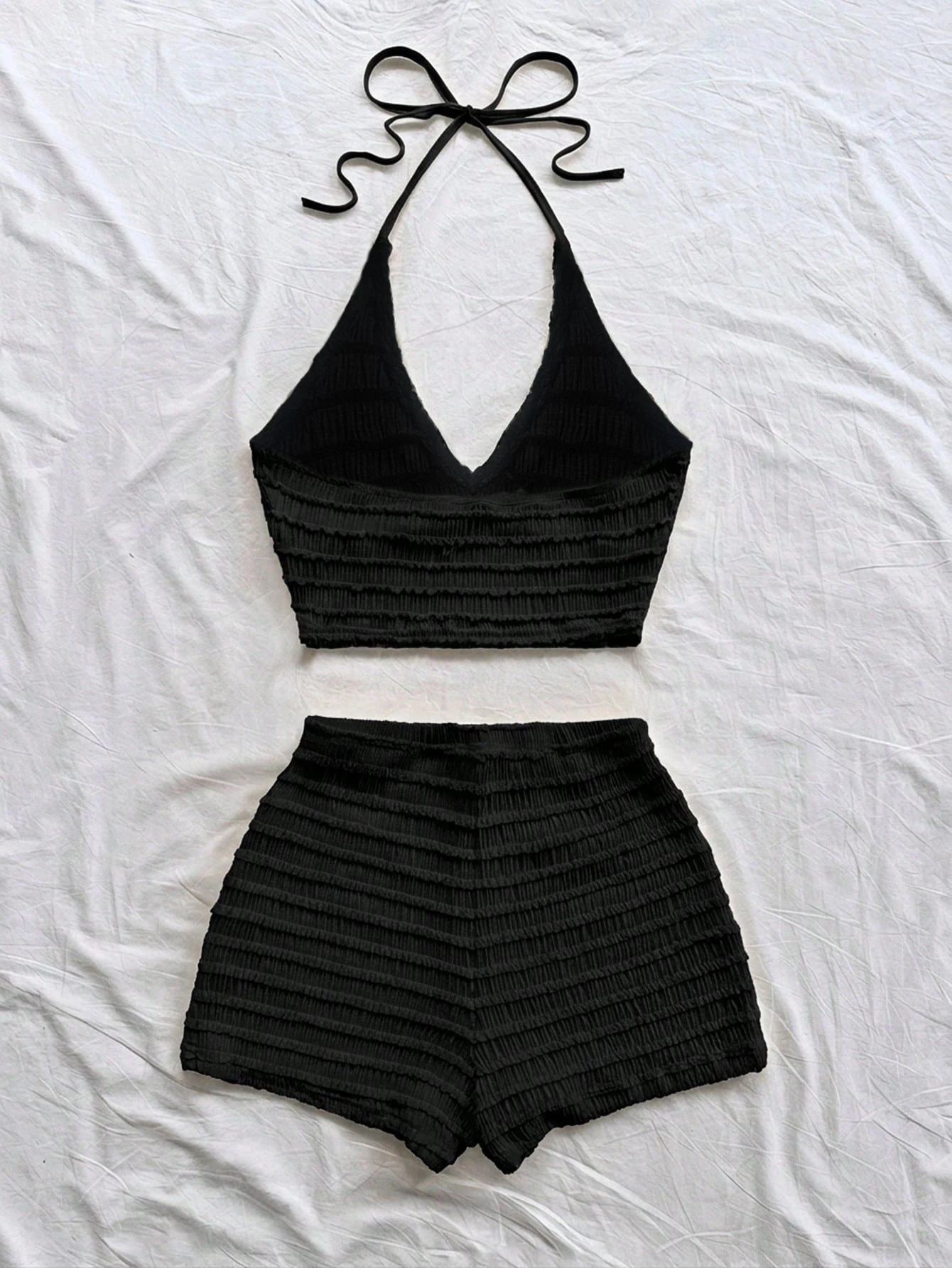Solid Color Off-Shoulder Cami & Shorts Set, Casual Tie Strap Two-Piece Outfit for Beach Vacation Dating Travel Daily Wear