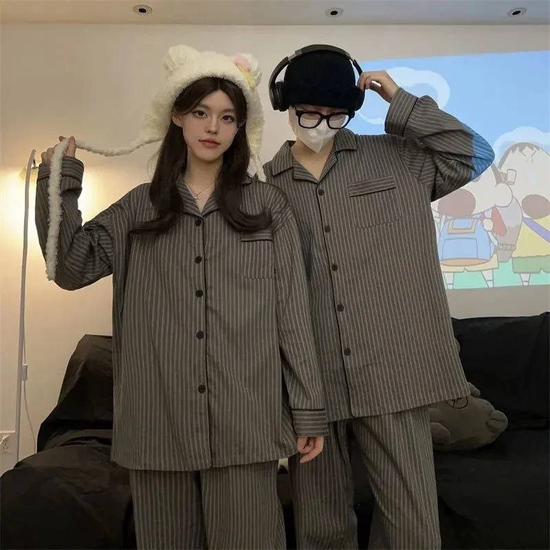 Couple Pajamas for Men Striped Sleepwear Korean Sleeping Night Wear Button Pijama 2 Pcs Pants Sets Autumn Pocket Home Suit 2024