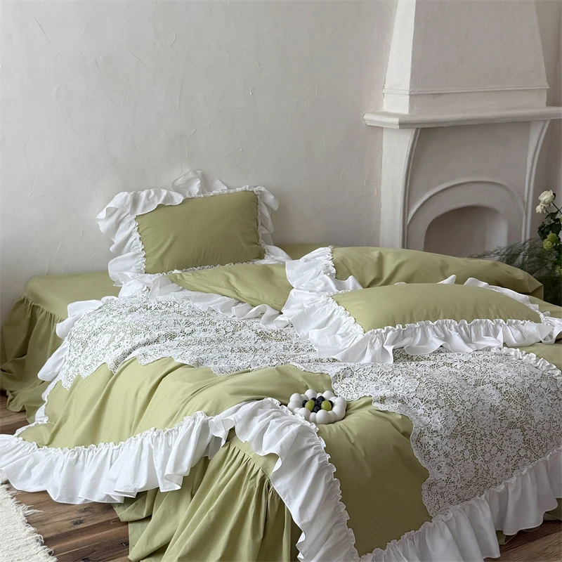 

French Romantic 100% Cotton Washed Cotton Bedding Set White Flowers Lace Ruffles Duvet Cover Bed Skirt Pillowcases 4Pcs