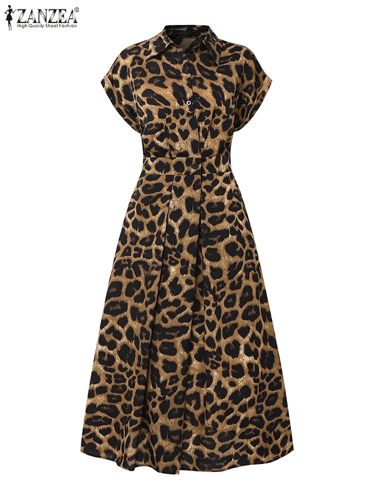 2025 فساتين أنيقة ليوبارد ZANZEA المرأة ماكسي فستان طويل مكتب فستان الشمس الصيف التلبيب الرقبة قصيرة الأكمام العمل Vestidos رداء #4