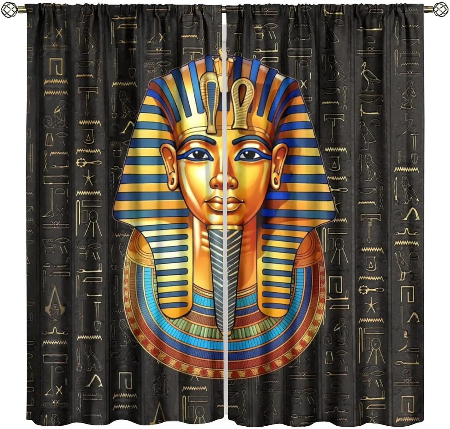 Vintage Ancient Egypt Curtains, Old Egypt Golden Hieroglyphics Print African Pharaoh Theme Window Treatments for Living Room, Eg