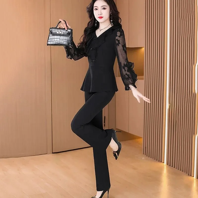 Fashion Sets Women 2024 NEW Spring Autumn V-Neck Patchwork Mesh Long Sleeve Top And Pants 2 Piece Suit Female Black Pants Outfit