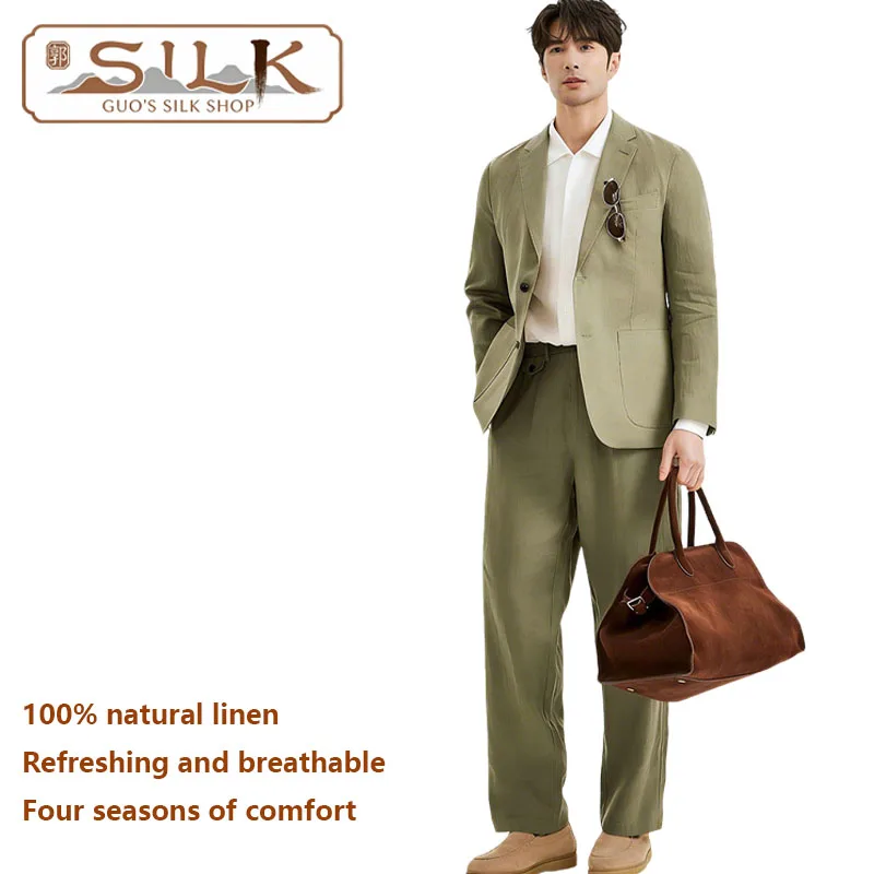 

High-end Natural Linen Men's Suit Two-Piece Set - Elegant and Fashionable for Business and Casual Wear Spring and Autumn Season