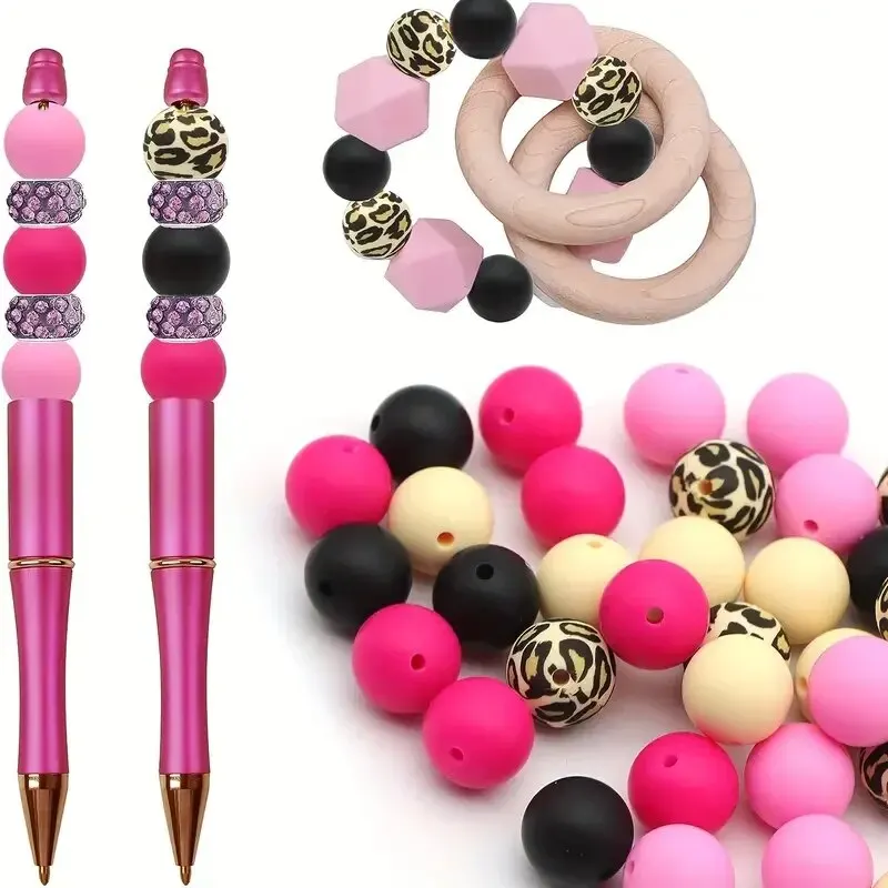 45pcs 15mm Leopard Print Silicone Beads Circular Loose Beads For Jewelry Making DIY Anti Drop Key Bag Chain Bracelet Handmade