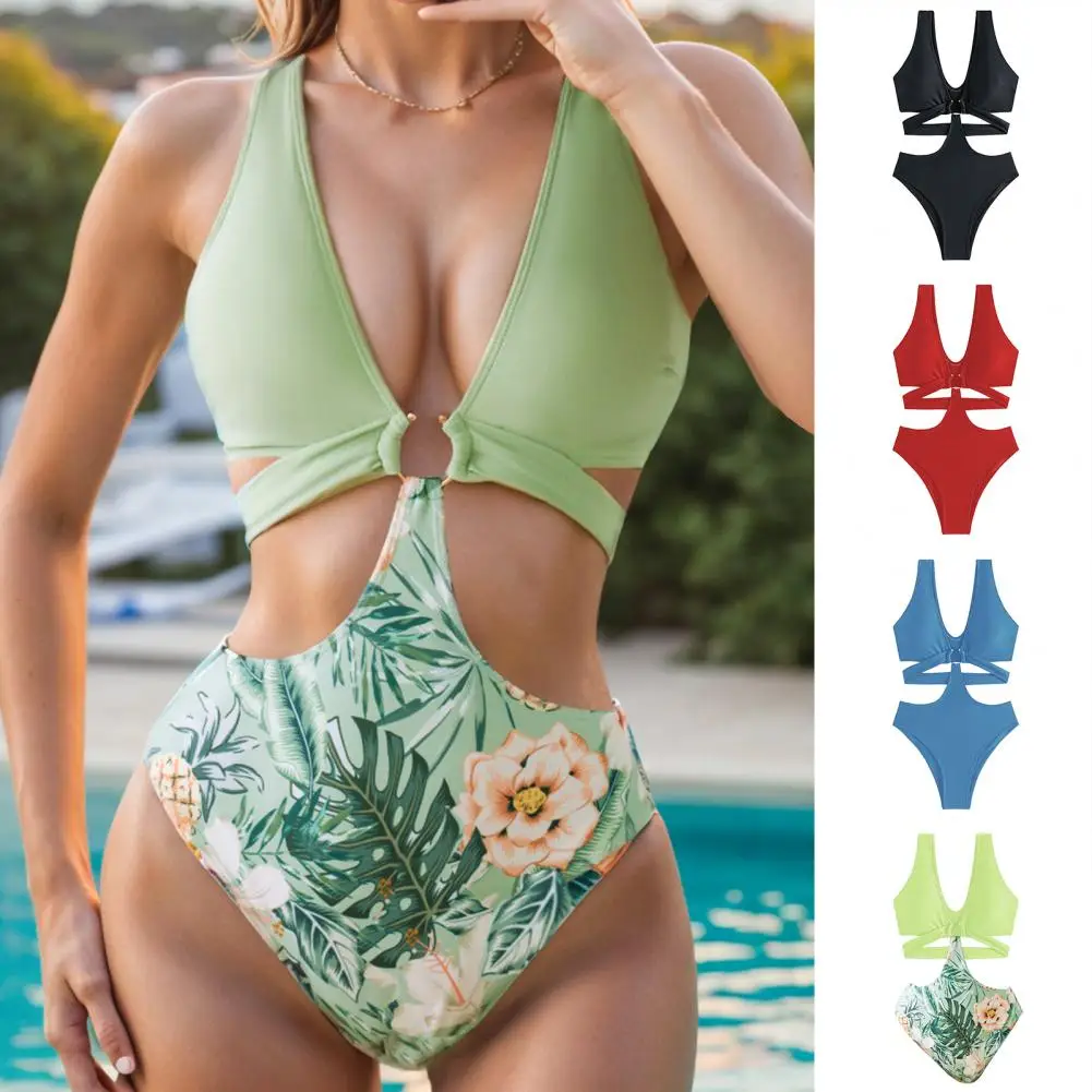 Bikini Sexy in tinta unita elegante collezione di costumi da bagno interi con scollo a v con anello in ferro che dettaglia Monokini Sexy a vita alta per la spiaggia