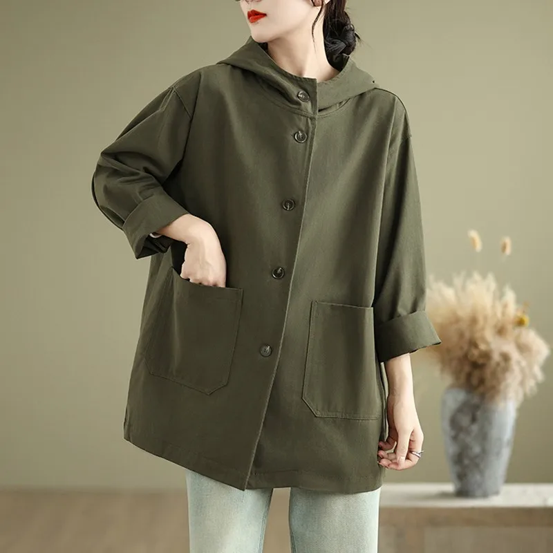 

Women Casual Trench Coats New Arrival 2024 Autumn Vintage Style Single Breasted Basics Female Long Sleeve Hooded Jackets B2080