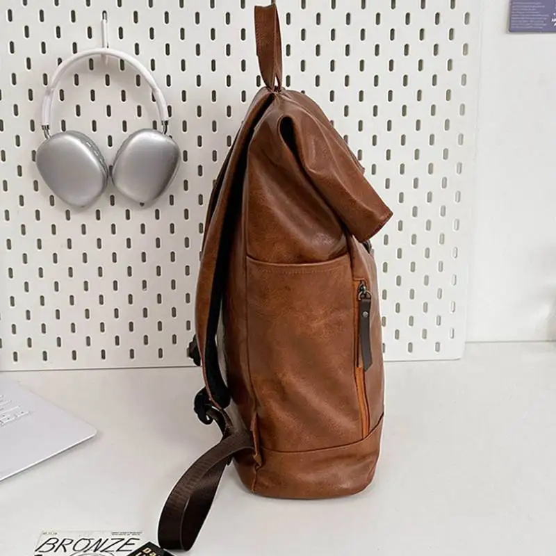 Rolled Top Laptop Backpack Anti-theft PU Travel Bag Outdoor Hiking Shopping Swimming Bags Business Rucksack Student Schoolbag