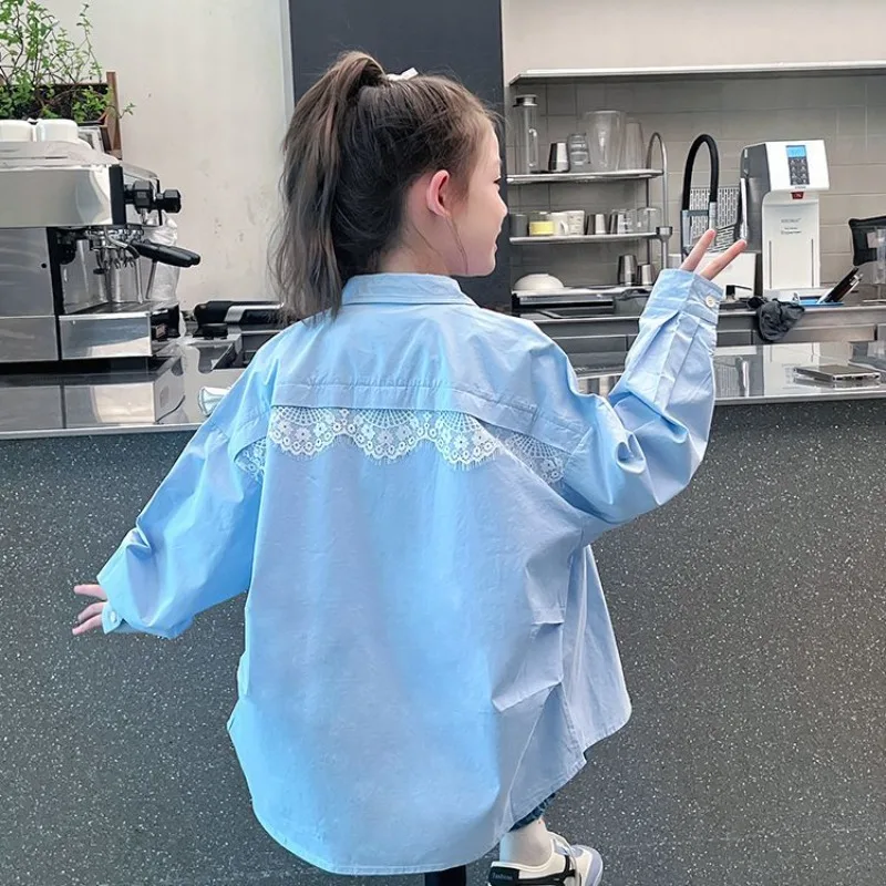 Girl's Lace Detailing Long Sleeve Blouse Mid Length Loose Fit Tween Open Collar Spring Fall 2026 Collection