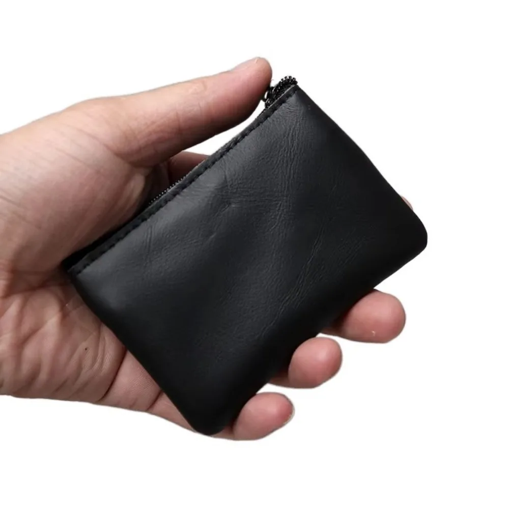 Retro Leather Mini Coin Purse Portable First Layer Cowhide Zipper Small Wallet Handmade Key Case Short Handbag
