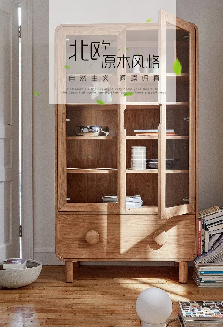 A  Nordic log color bookcase Modern simple drawer display case Glass decorative storage cabinet
