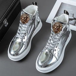 Gold high top shoes men's new trend board shoes inside heightening silver boots bright upper men's ankle boots tenis hombres  A6