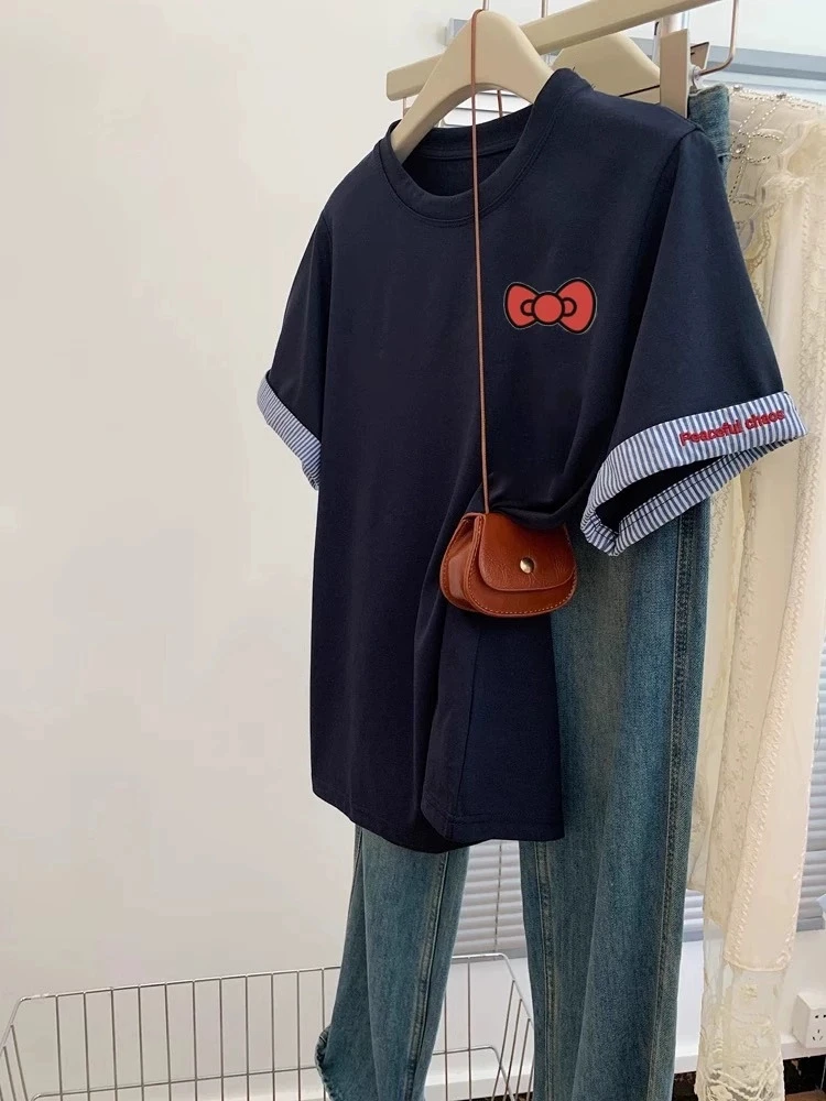 

Летняя женская футболка с вышивкой узелковым шитьем, из чистого хлопка, в стиле колор-блок, свободного кроя, в корейском стиле