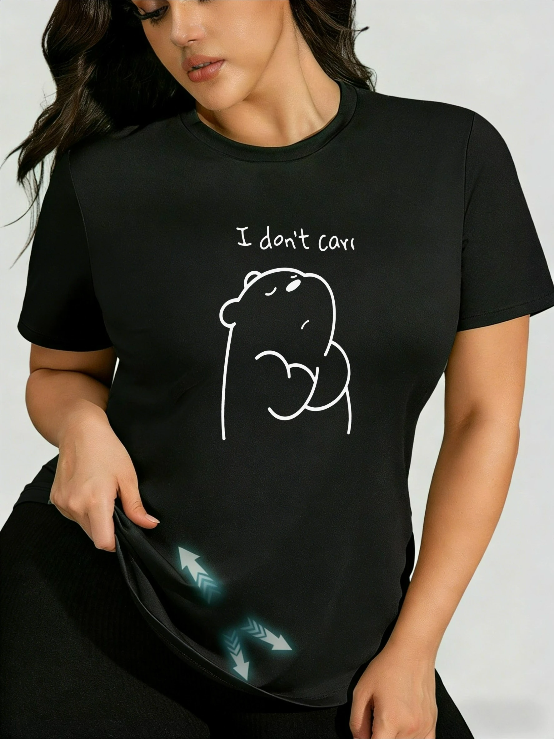 Camiseta de talla grande Pure & Alluring Style I Don't Care Big White Bear, top sexy dulce y fresco para chicas con curvas