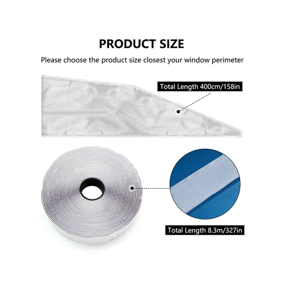 ซีลหน้าต่างสําหรับเครื่องปรับอากาศแบบพกพา แผงซีลผ้ายืดหยุ่น 400 ซม. ซีลหน้าต่างพร้อมซิปและกาวด่วน