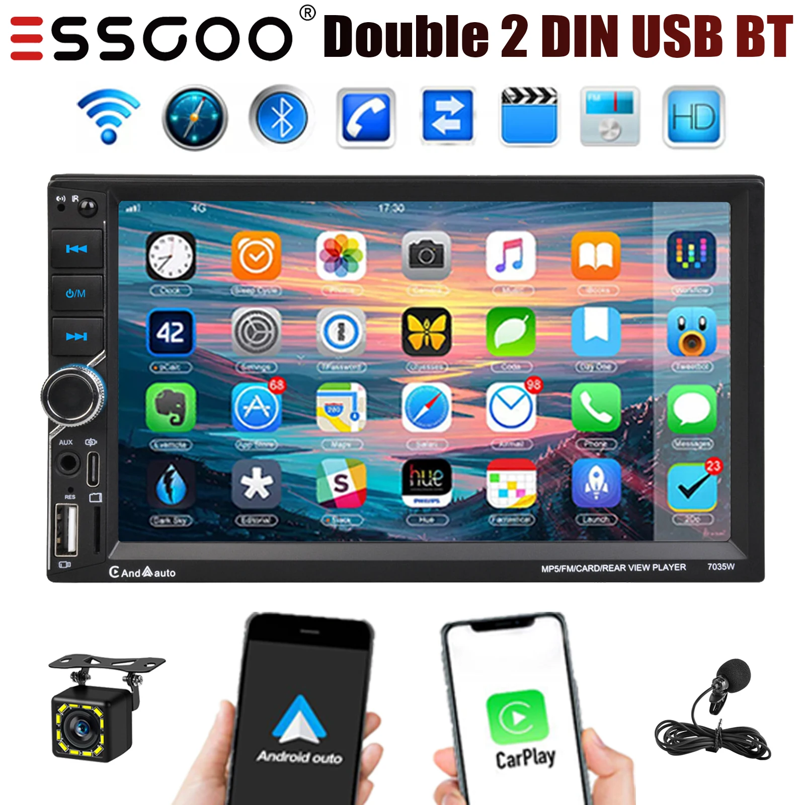 ESSGOO 7 "Radio Stereo Mobil 2 Din Ganda Apple CarPlay & Android Layar Sentuh Otomatis USB/TF Mirrorlink SWC BT FM/RDS DSP + Mikrofon & Kamera