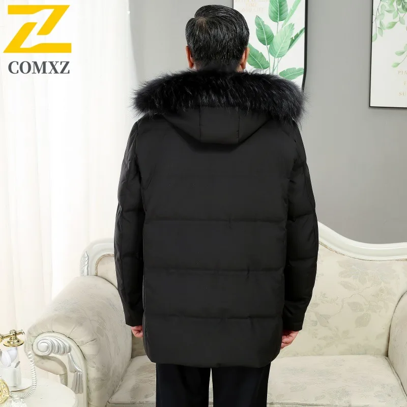 COMXZ Luxury Men Down Jacket Fur Collar Hooded Outdoor Work Cold Protection Puffer Coat Solid Color Travel Windproof Winter Coat