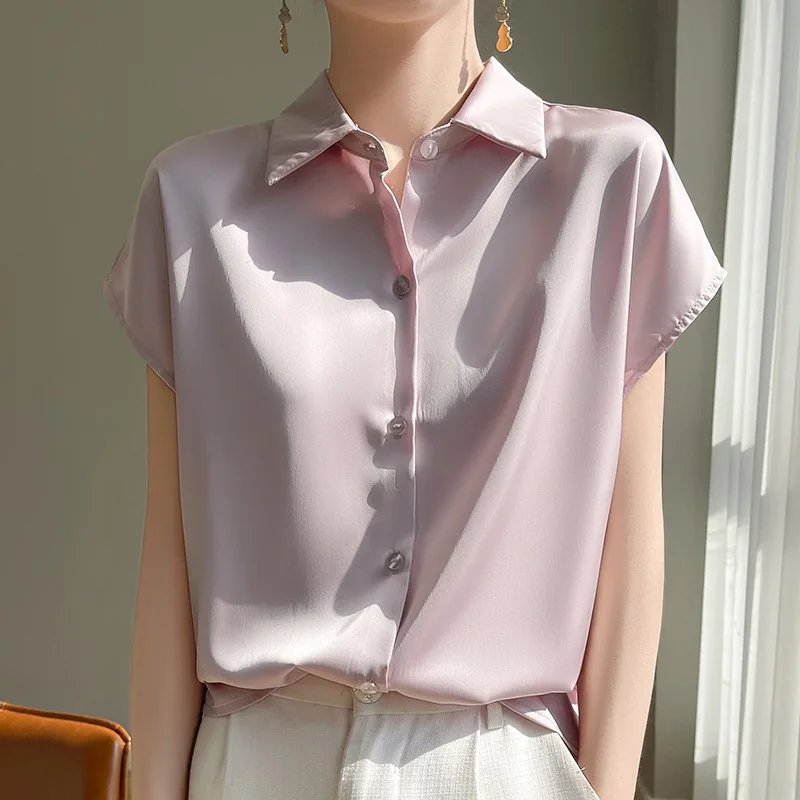 Summer Women's Luxury Blouse Satin Silk Tee Short Sleeve Shirts Acetate Button Up T-shirts Thin Office Lady Tops Women Clothing