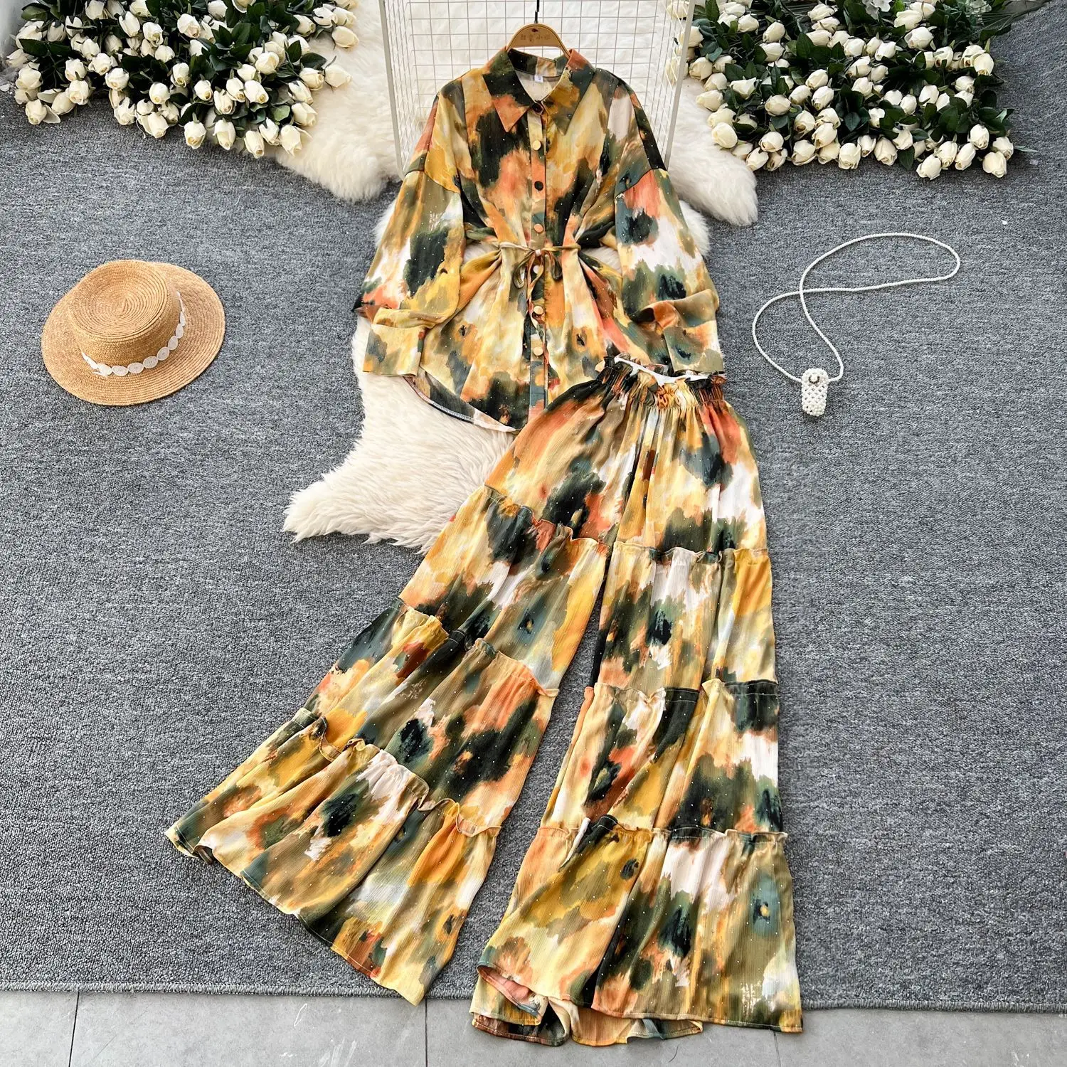 

Women Two Piece Sets Pant Set Turn Down Collar Full Sleeve Print Floral Shirt Tops Wide Leg Long Pants Elastic Waist Work