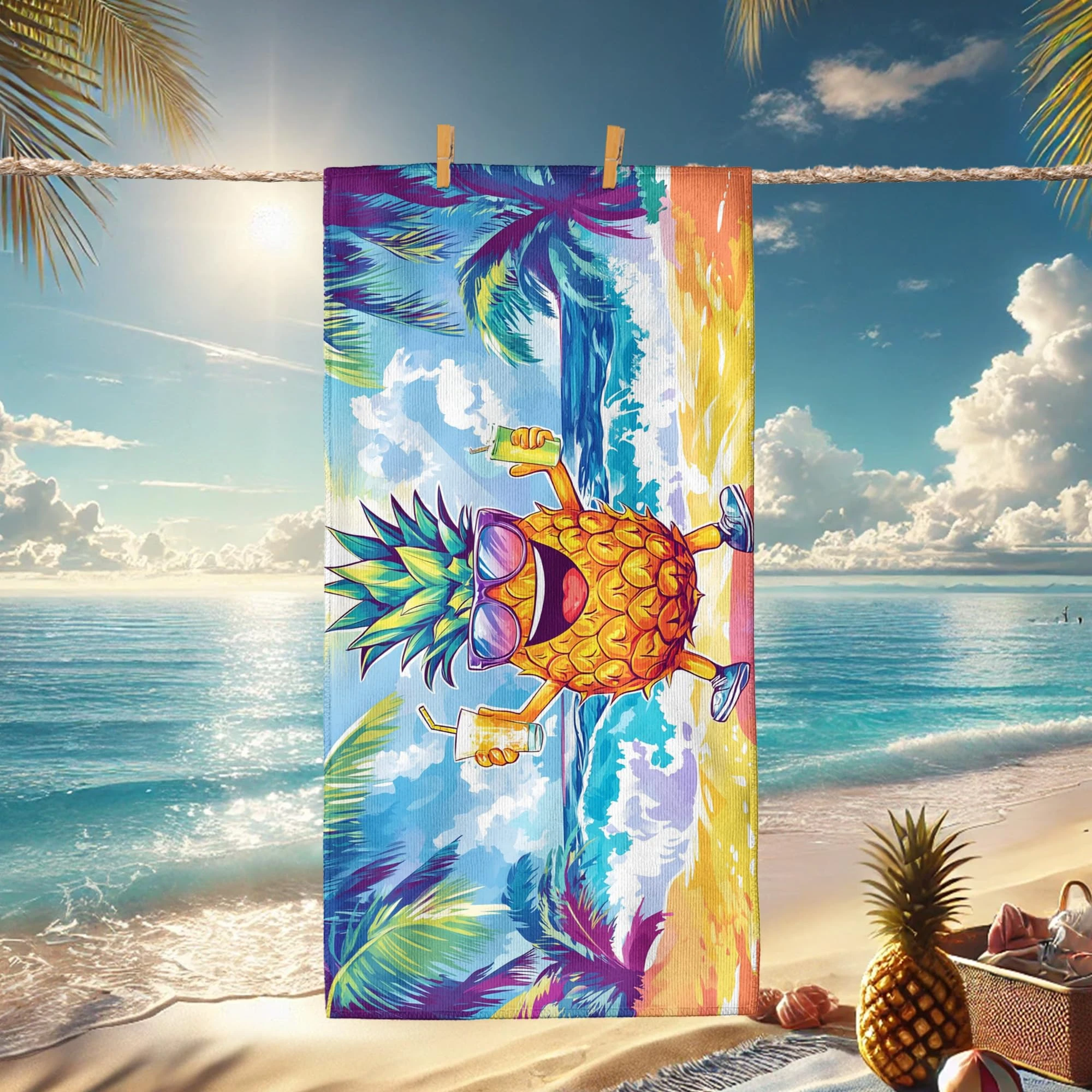 Colorful Cartoon Pineapple Beach Towel Soft Microfiber Quick Dry Sand Free Lightweight for Pool Vacation Camping